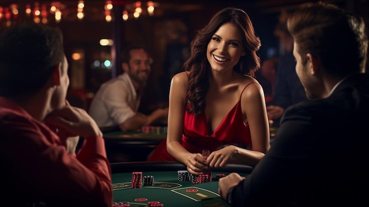 Live blackjack dealer at multi-camera studio broadcasting real-time card play